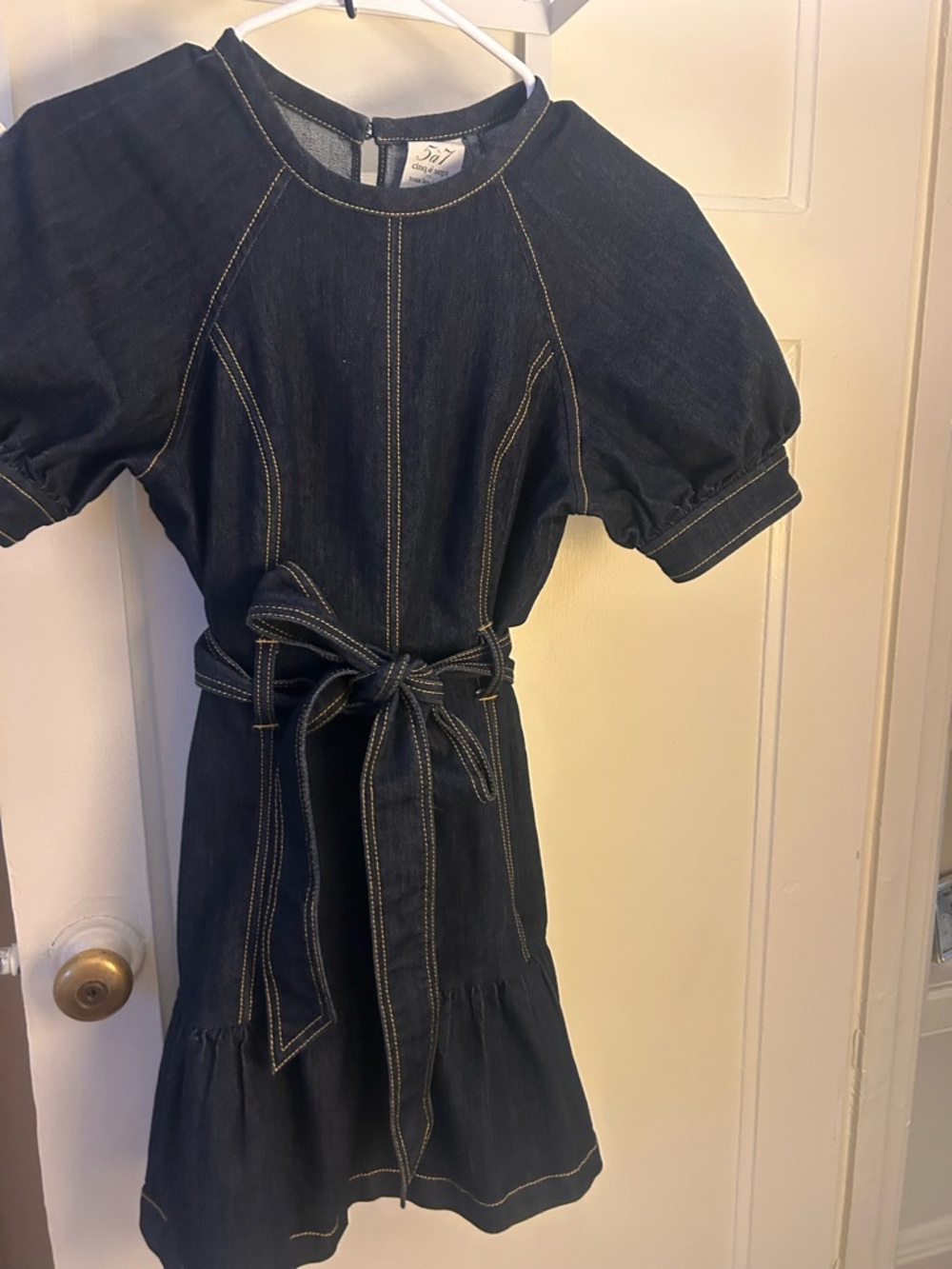 cinq a sept Dark Blue Denim Puff-Sleeve Dress with Tie Waist - Picture 2 of 5